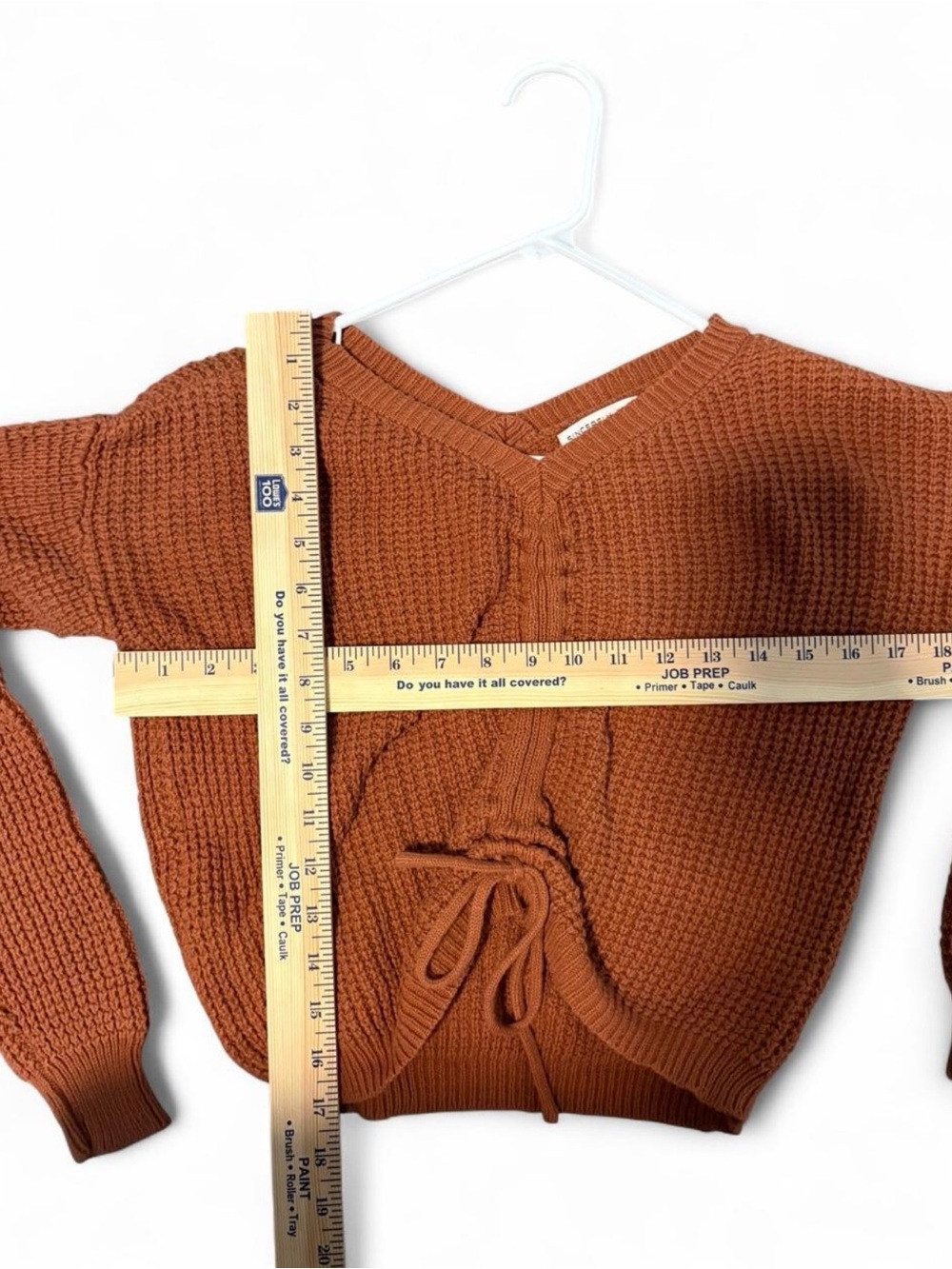 Sincerly Jules Waffle-Knit Rust V-Neck Drawstring Sweater - Picture 5 of 5